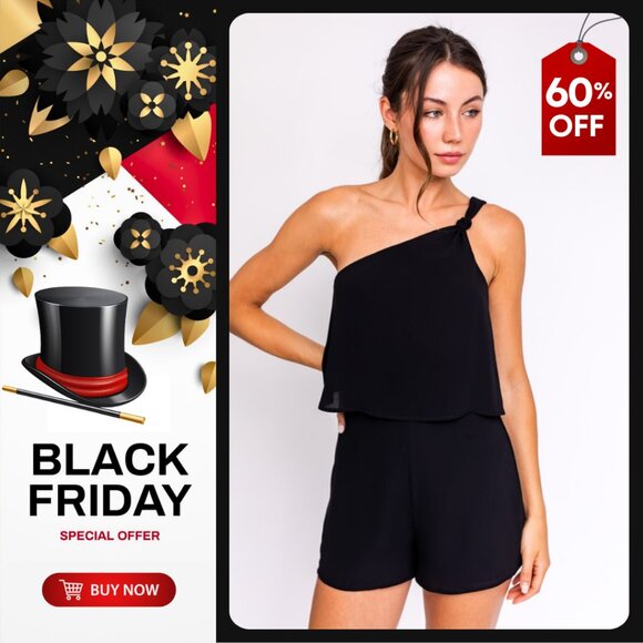 💣LE LIS Sleeveless One Shoulder Layered Pleated Woven Mini Romper | Size L - Picture 1 of 8